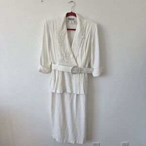 Vintage Studio I Suit Dress Cream Ivory 70s 80s Grandma Belt Classy Elegant 14